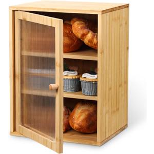 LemonRoad Bamboo Bread Box Large Capacity 3-layer Bread Box Kitchen Countertop Pastries Container with Corrugated Acrylic Door Wooden Housewarming Pantry Storage for Farmhouse Fruits Tea Spices Coffee