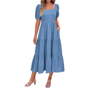 PRETTYGARDEN Women's Casual Summer Dress 2024 Short Sleeve Smocked High Waist Flowy Swing Loose Wedding Guest Dresses(Blue, Large)