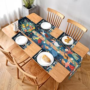 5-Piece Table Runner and Placemat Set – Whimsical Folk Art Design with Floral & Dancing Characters – 1 Table Runner & 4 Placemats – Colorful Dining Decor for Spring & Festivals