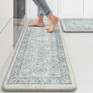 KIMODE Anti Fatigue Kitchen Mats for Floor, Boho Vintage Kitchen Rugs Sets of 2, Cushioned Kitchen Floor Mats Non Slip, Comfort Rugs for Kitchen Floor, Sink, Laundry, Desk Blue 17"x47"+17"x29"