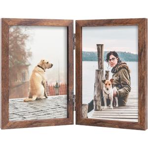FOREV 4x6 Double Picture Frame Wooden Hinged Photo Frame Definition Glass Stand Vertically on Desktop or Tabletop Rustic Wood