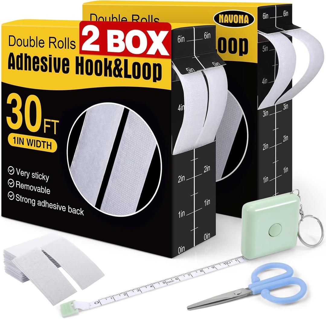Navona 2 Boxes Heavy Duty Hook and Loop Strips with Adhesive, 60Ft Total x 1 Inch Hook and Loop Tape with Backing for Home, Office, School, and Crafting Projects, White