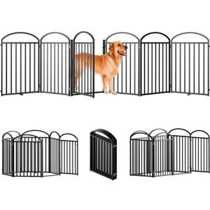 6 Panels Full Matel Freestanding Dog Gates with Door, 144"Extra Wide 32"Tall Free Standing Dog Pet Gate for Indoor & Outdoor. Foldable Pet Fences for Doorways, House, Stairs, Porch, Deck, Yard (Black)