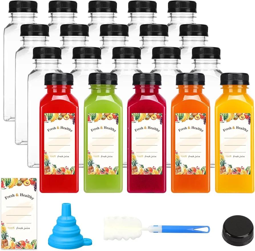 Moretoes 20pcs 12oz Plastic Juice Bottles with Caps, Empty Reusable Drink Containers with Labels, Clear Juice Bottles for Juicing Milk Smoothie Drinking and Other Beverages