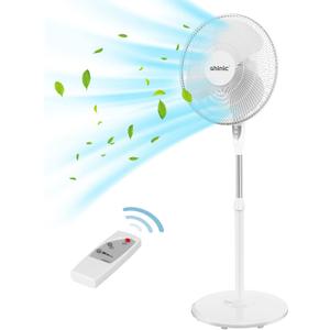 shinic 16-Inch Oscillating Pedestal Fan with Remote Control, 3-Speed Quiet Operation, Adjustable Height & Tilt, 7.5-Hour Auto-Off Timer, Powerful Cooling for Home, Bedroom, Office, White