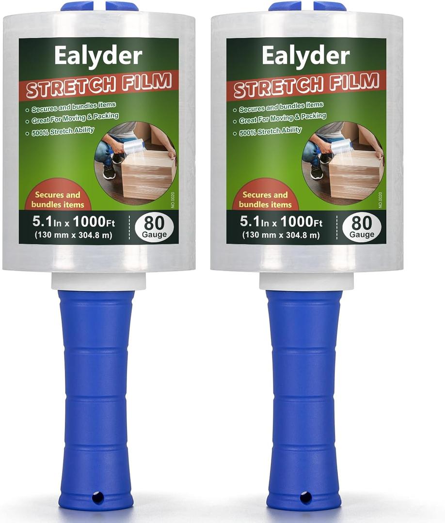 2-Pack Industrial Mini Stretch Wrap Film 80 Gauge 5.1" 1000ft, Self-Adhering Clear Hand Stretch Wrap with Plastic Handle for Packing, Shipping, Moving & Pallet Bundling