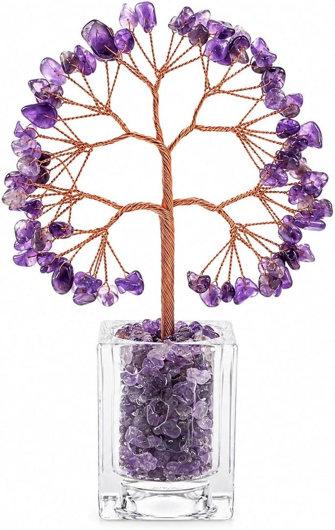 Amethyst Crystal Tree of Life, Purple Crystal Money Tree Desk Decor, Handmade Copper Wire Bonsai with Clear Acrylic Base, Natural Amethyst Decor for Home Office Shelf