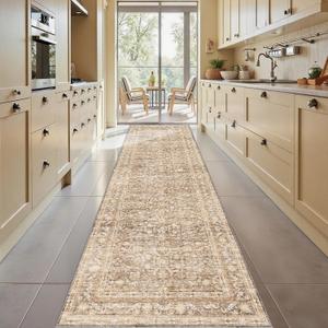 OPPODREAM Thin Vintage Beige 3x10 Runner Rug, 3 x 10 Retro Washable Rug Non Slip, Low-Pile Faux Wool Carpet, Distressed Tan Floor Mat for Kitchen, Hallway, Entry-Way, Entrance, Indoor Back Door