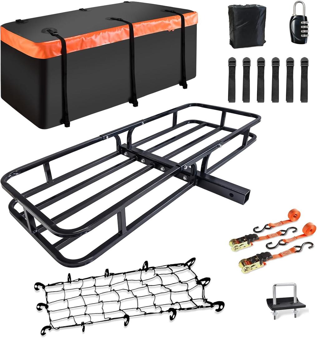 MeeFar Hitch Mount Cargo Carrier Basket 53" x19" x 5"+Waterproof Cargo Bag (51" x17"x 18"),Hauling Weight Capacity of 500 Lbs fit on 2 Inch Receiver with Hitch Stabilizer,Net and Straps