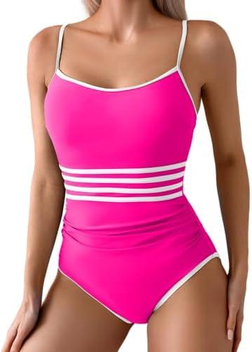Eomenie Women's One Piece Swimsuit Tummy Control Bathing Suit Spaghetti Strap Color Block Swim Suit 1 Piece Slim Swimwear Size L, Hot Pink