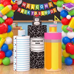 Frienda Set of 3 Back to School Cylinder Stand Covers Composition Notebook Pencil Spandex Pedestal Covers for Dessert Table Display First Day of School Classroom Party Decorations(Balck and White)