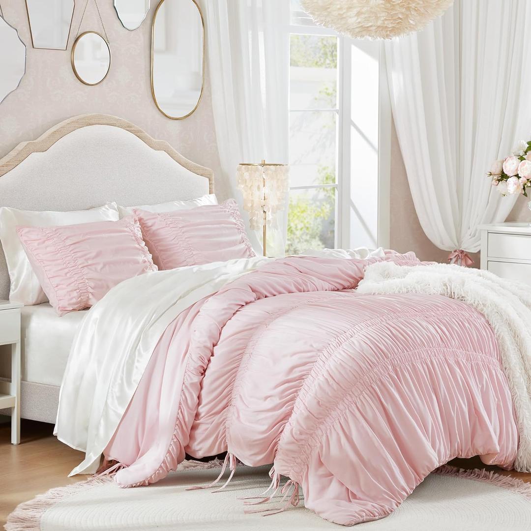 Intelligent Design Queen Comforter Set Ruched Shabby Chic Comforters for Queen Size Bed, All Season Lightweight Comforter Queen, French Country Bedding Set, Shams, Ella, Full/Queen, Pink 3 Piece