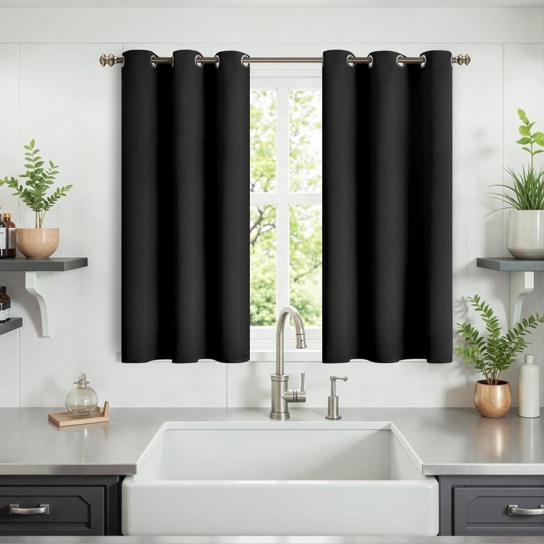 YoungsTex Black Kitchen Window Curtains 40 Inch Length - Short Thermal Insulated Blackout Drapes with Grommet for Small Bathroom Windows, 2 Panels, 34 x 40 Inch