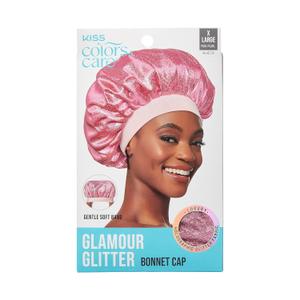 KISS COLORS & CARE Glitter Bonnet XL, Pink Pearl, Gentle Silky Fabric with Elastic Band for Most Hair Types - Hypoallergenic, Overnight Wear Stylish Sleep Cap, Slip-Free, Breathable