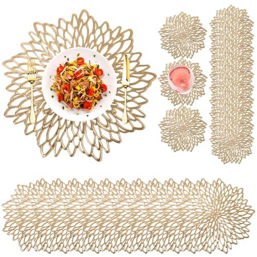 Gold Placemats Set of 24, Including 12 Pcs Charger Plates & 12 Pcs Coasters, Heat-Resistant Hollow Table Mats, Washable Round Dining Placemats, Wedding Table Decorations