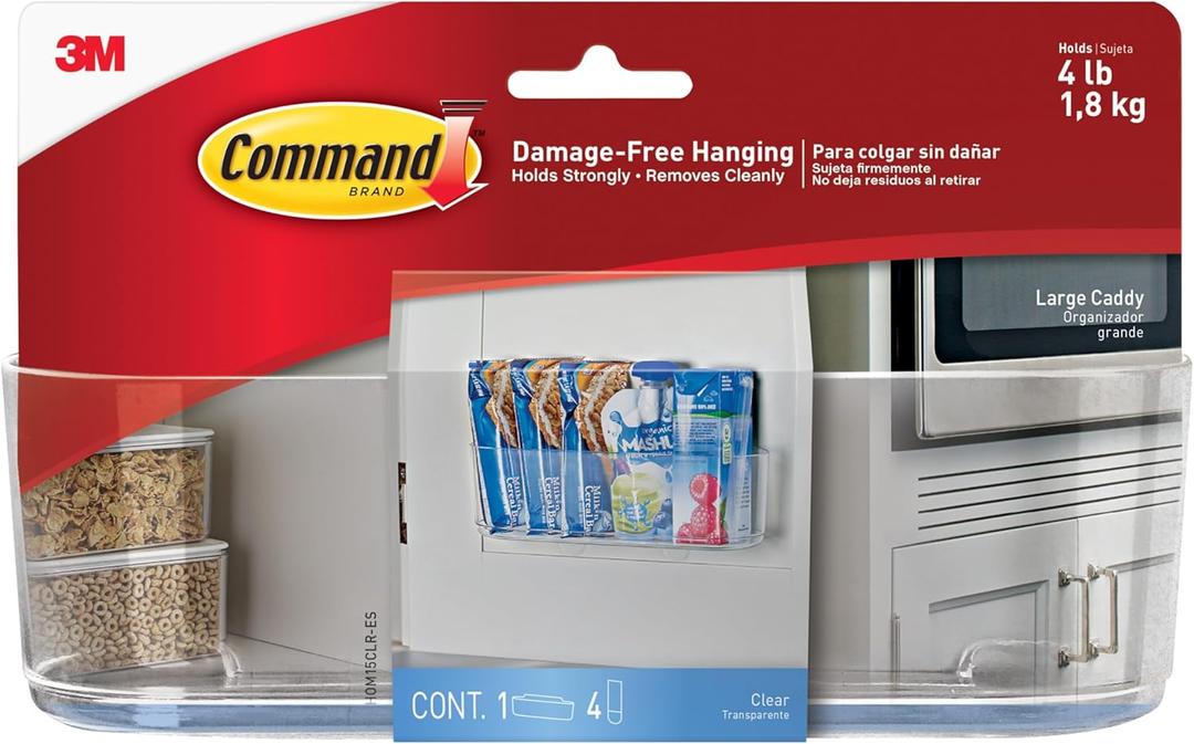 Command Large Caddy, Holds up to 4 lb, 8.6" x 3.1" x 3", 1 Caddy with 4 Strips, Damage-Free Organization Wall Mount to Cabinet, Kitchen, Pantry, Closet, or Under Sink (Clear)