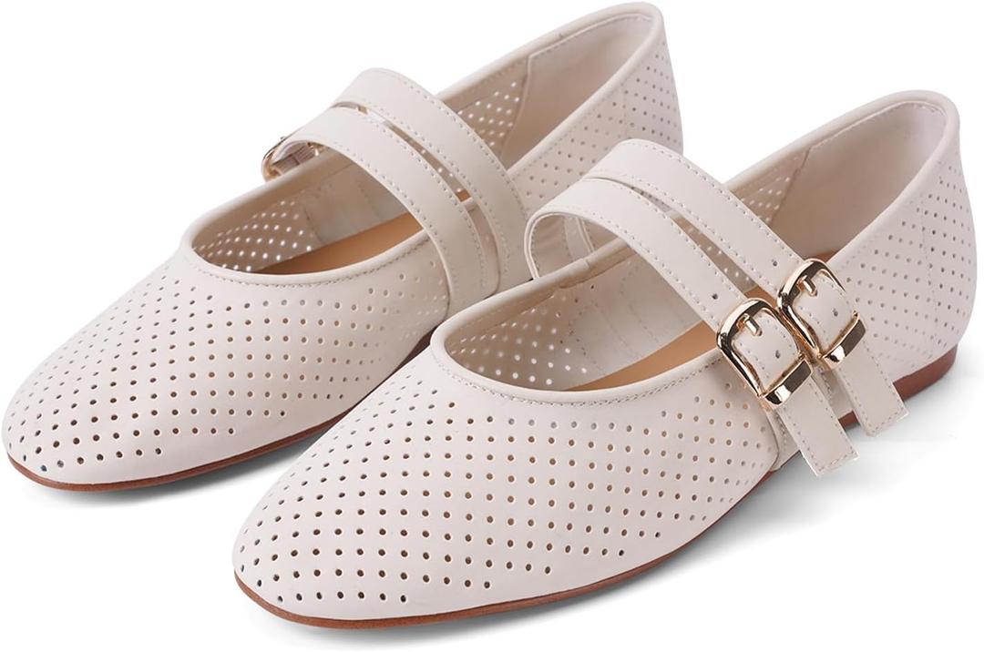 UBWDU Suede Mary Jane Flats for Women Perforated Round Toe Ballet Flats Comfortable Ballerina Shoes with Double Buckle Strap (6, White)