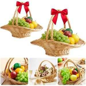 Marsui 2 Pcs Wicker Rattan Basket with Double Drop Down Handles, Christmas Wicker Woven Flower Gift Basket Storage Harvest Hamper for Garden Vegetables, Picnic, Home Decor Organizing, 15 & 13 Inch