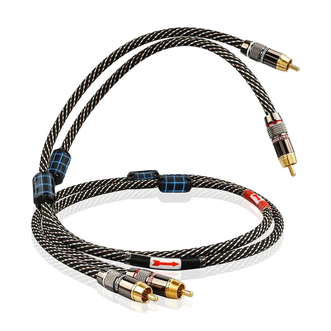 Audiophile HiFi 9.84ft Audio RCA Cables - 2RCA Male to Male,15 AWG,4N OFC Core,24K Gold-Plated Plugs,with Nylon Braid,Subwoofer Cable,Compatible with Amplifier,CD Player,Turntable(9.84ft/3m)
