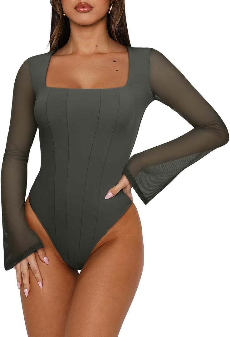 REORIA Women's Sexy Long Sleeve Square Neck Bodysuit Mesh Double Lined Going Out Tops 2025 M