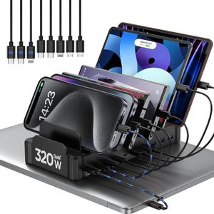 320W Charging Station for Multiple Devices, Zobirez 10-Port USB C Fast Charger Stations for MacBook, iPhone, Android Cell Phone, iPad, Tablet, Family Multi-Device Organizer Charging Dock, Black (5FT)