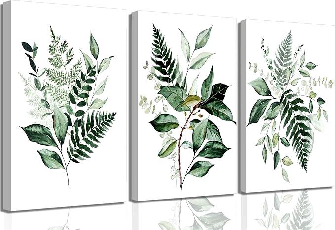 3Pcs Green Plants Canvas Wall Art Bohovegetation Wall Decor Pictures Sage Green Botanic Posters Prints Modern Botanical Paintings Artwork for Bedroom Bathroom Home Decoracion 16in x 2ft