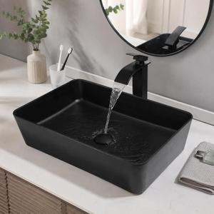 24×14 Inch Stone Resin Bathroom Vessel Sink, Black Rectangle, 22x14 inches