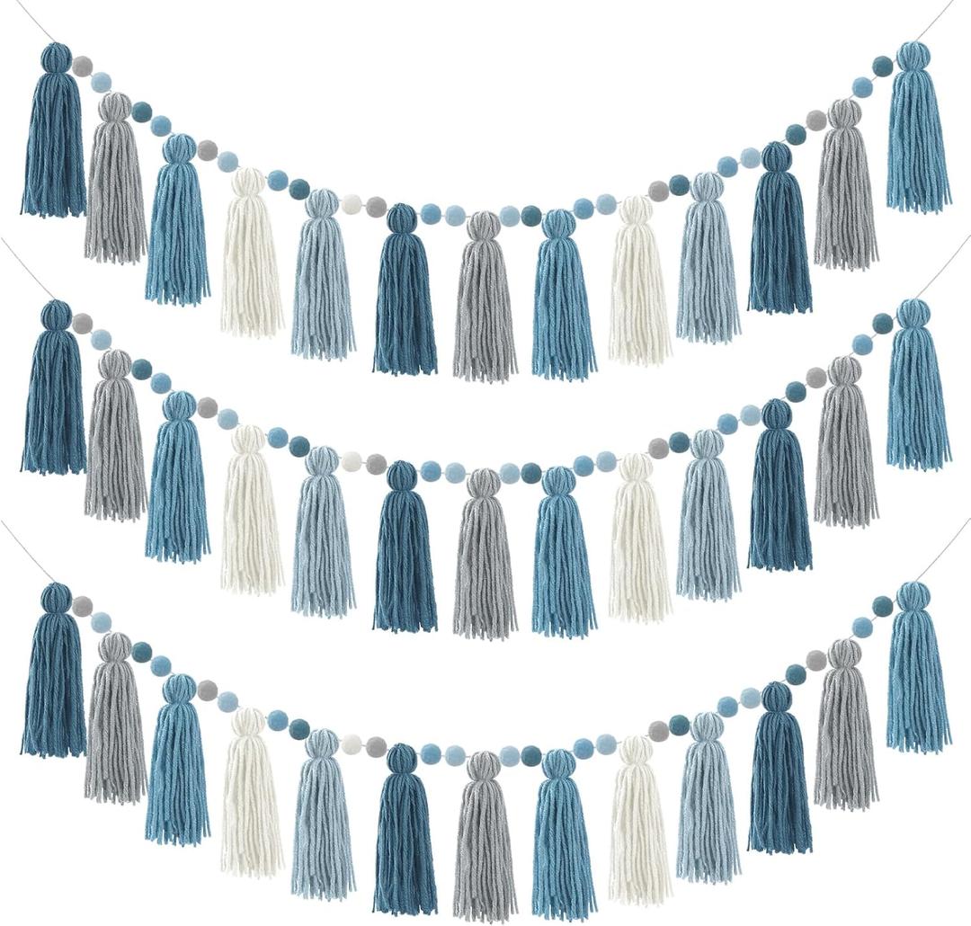Syhood 3 Pcs Colorful Pom Pom Tassel Garland Boho Rainbow Felt Garlands Tassel Banner Each 50'' Birthday Baby Shower Classroom Boho Decoration for Nursery Wall Bedroom Home Decor(Morandi Color)