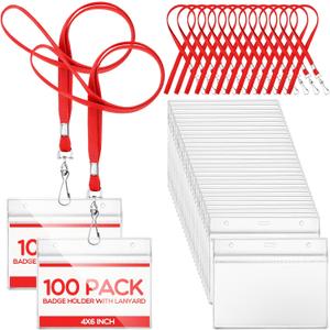 Patelai 100 Sets 6 x 4 Inch Badge Holder with Lanyard Horizontal Name Tag Lanyard with ID Holder Waterproof Clear Name Badge for Office Workers Volunteers (Red)