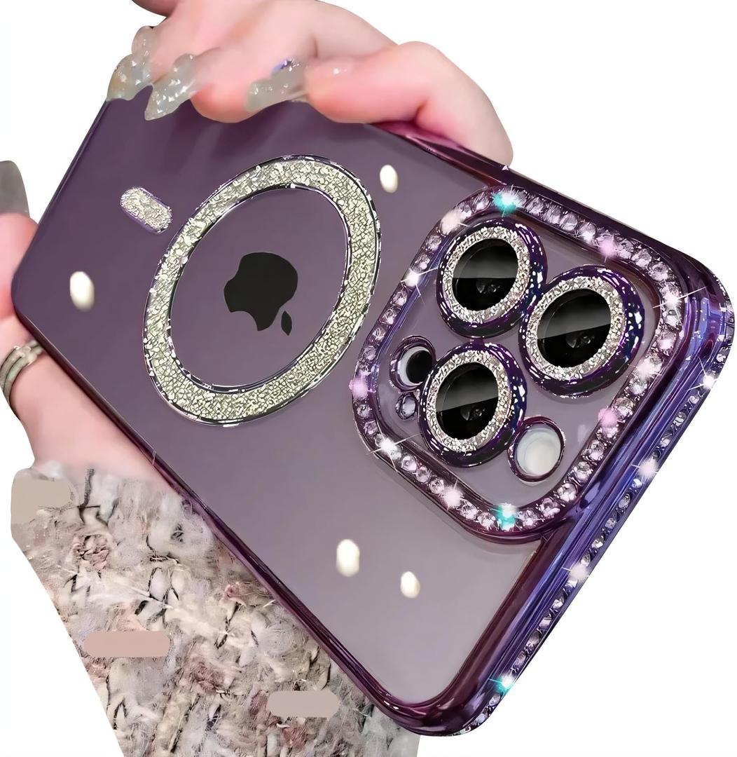 Magnetic Glitter Diamond for iPhone 14 Pro Max Case[Compatible with MagSafe]Sparkle Rhinestone Camera Lens Protector Plated,Crtstal Clear Slim Military Drop Shockproof Cover for Women,Purple