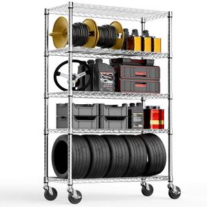 Steel Storage Shelving 5-Tier Utility Shelving Unit with Wheels, Steel Organizer Wire Rack for Home,Kitchen,Office,Garage,17.7" D x 47.2" W x 76.7" H-Chrome