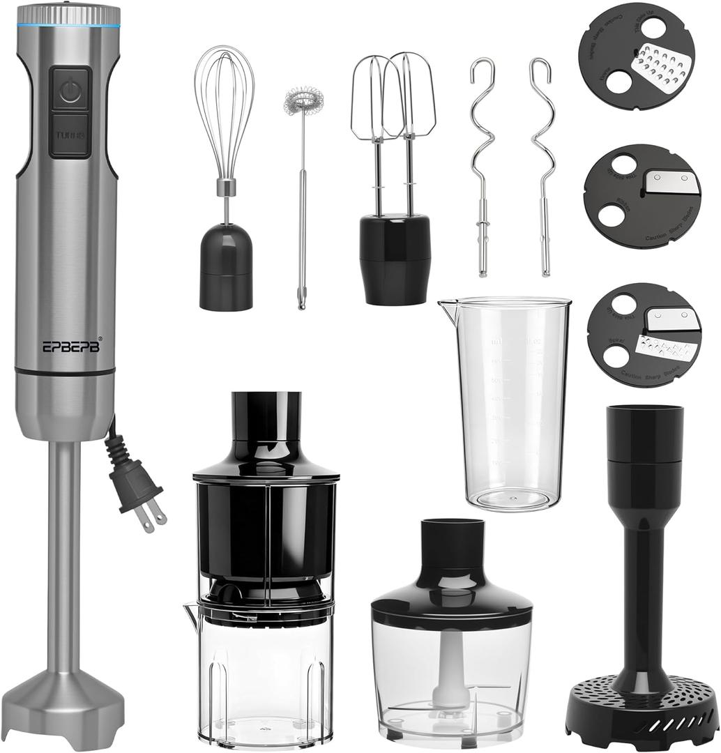 Handheld Immersion Blender Bundle, 1000W Powerful 12-in-1 Set for Smoothies, Orange Juicer, Minced meat, Milk frother, Egg Beater, Dough Hook, Vegetable Chopper, Potato Masher
