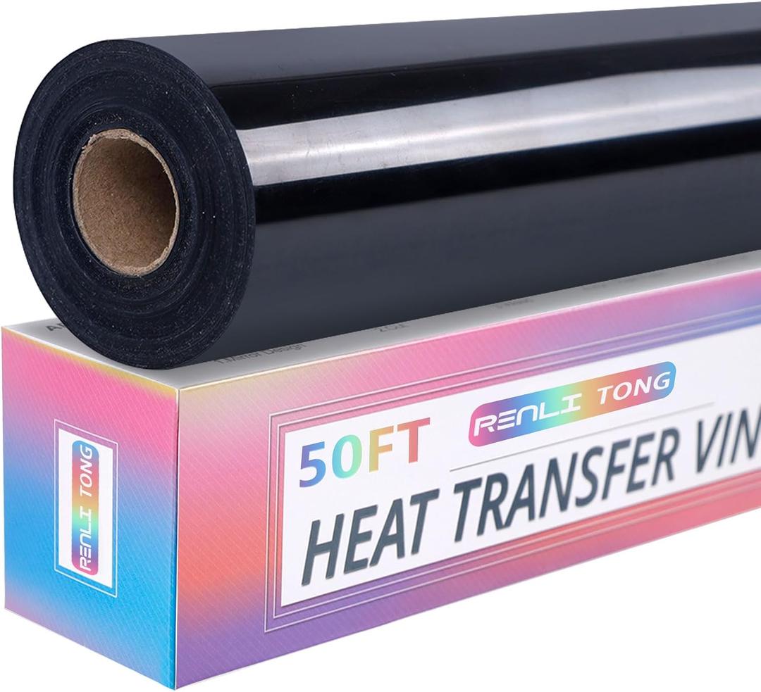 RENLITONG Black Iron on Vinyl 12Inch by 50ft Roll Heat Transfer Vinyl for T-Shirt Black HTV Rolls for All Cutter Machine - Easy to Cut & Weed for Heat Transfer Design
