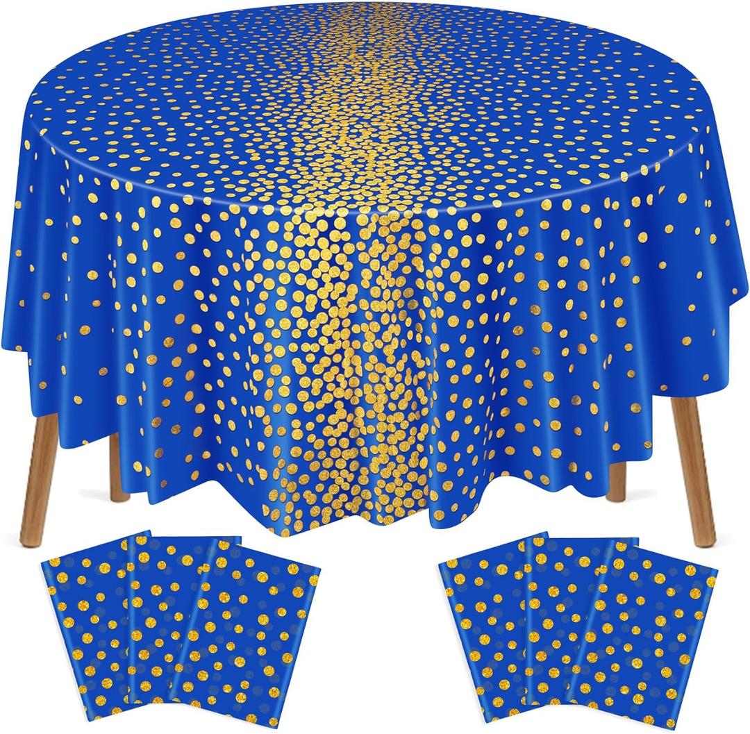 VitalCozy Round Dot Tablecloth 84 Inch Plastic Table Cover Polka Dot Confetti Tablecloths for Easter 2026 Graduation Prom Wedding Birthday Spring Party Supplies (Blue and Gold,6 Pcs)
