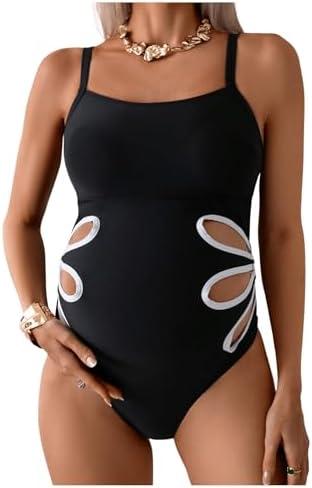 OYOANGLE Women's Maternity One Piece Swimsuits Cut Out Spaghetti Strap Pregnancy Bathing Suits Swimwear, Size M