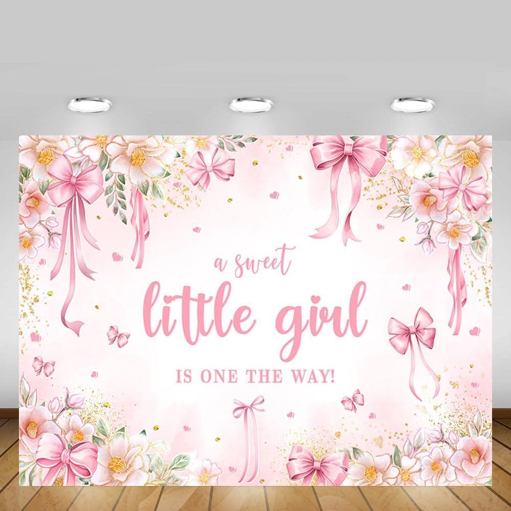 MEHOFOND 7x5ft Pink Bow Girls Baby Shower Decorations Backdrop A Sweet Little Girl is on The Way Photography Background Pink Floral It's A Girl Party Banner Cake Smash Photo Booth Props