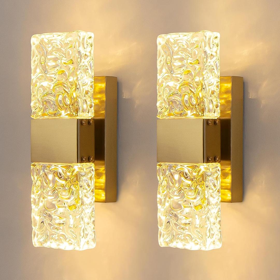 Gold Wall Sconces Set of Two, Modern Crystal Wall Sconce with App/Remote Control, 3000K-6500K Dimmable LED Crystal Wall Light Fixtures for Bathroom Vanity Bedroom Living Room Hallway(11.6 Inch)