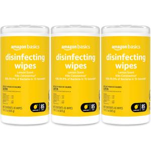 Amazon Basics Disinfecting Wipes, Lemon Scent, for Sanitizing, Cleaning & Deodorizing, 255 Count (3 Packs of 85) (85 Count (Pack of 3))