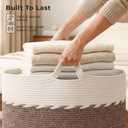 OIAHOMY 90L Blanket Basket for Living Room, Large Basket 23" x 23" x 13" with Handle, Laundry Hamper for Blankets, Pillows, Toy Storage for Kids, Dogs - Brown & White