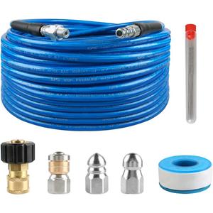 Pressure Washer Sewer Jetter Kit, 50 FT Hydro Drain Jetter Cleaner Hose, Button Nozzle and Rotating Sewer Jetting Nozzle, Orifice 4.0, 4.5, 1/4 inch NPT, 3000 PSI