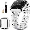 Bling Strap Compatible with Apple Watch Band 46mm for Women, Diamond Jewelry Replacement with Crystal Protector Case for Apple Watch Bands Series 10, Silver Metal Shiny Bracelet for iWatch Girl