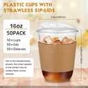 Baderke 50 Sets Clear Plastic Coffee Cups with Sip Lids and Cup Sleeve, Disposable Clear Pet Cups for Iced Coffee Cold Beverage, Shops and Party Catering (16 oz) (EXP 02/04/26)