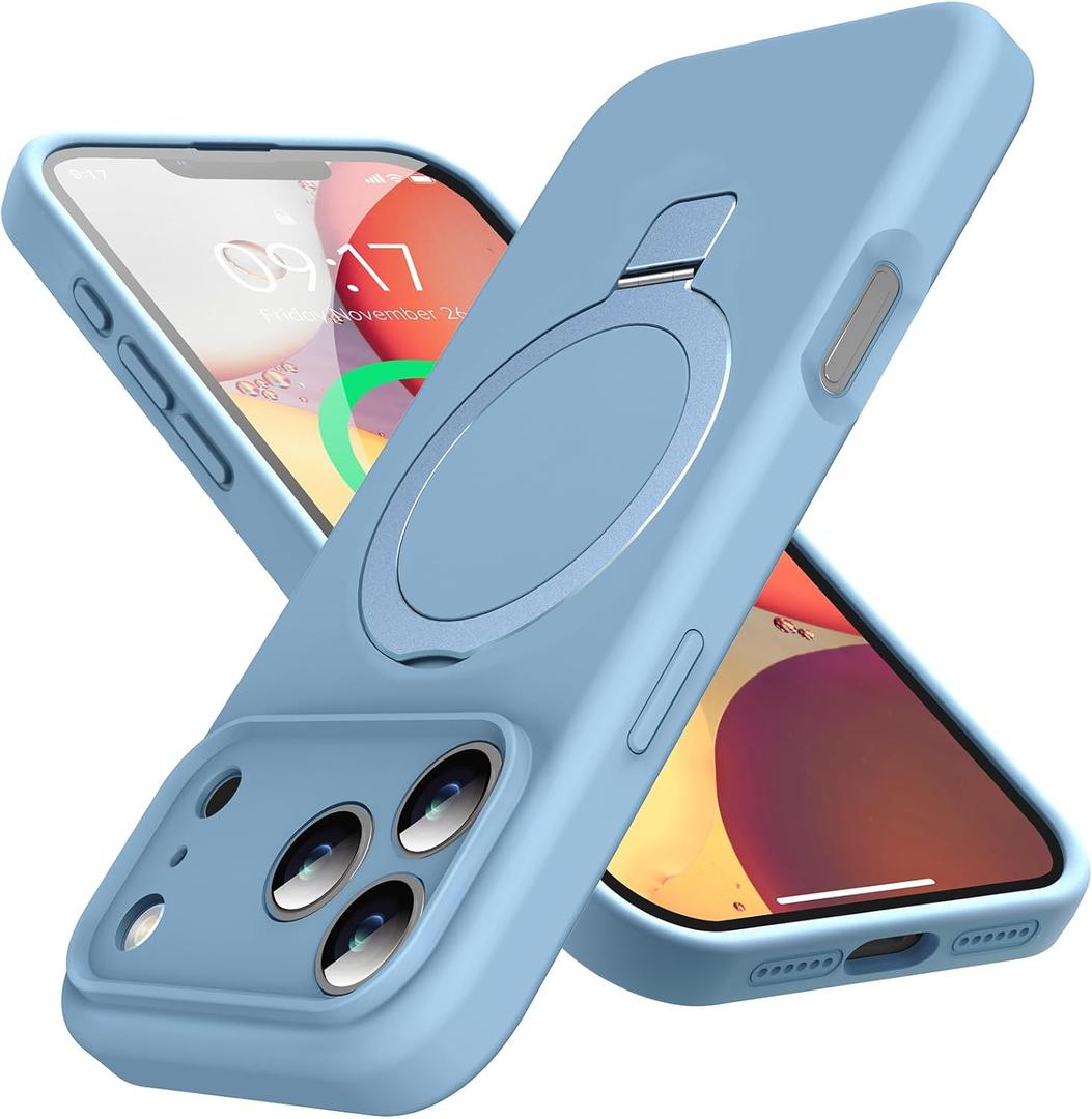 Mag-Ring Designed for iPhone 17 Pro Case, Liquid Silicone [Moisturizing Factor] Extreme Soft Slim Phone Case with Stand [Compatible with MagSafe] for 17 Pro 6.3 inch Men Women, Sky Blue