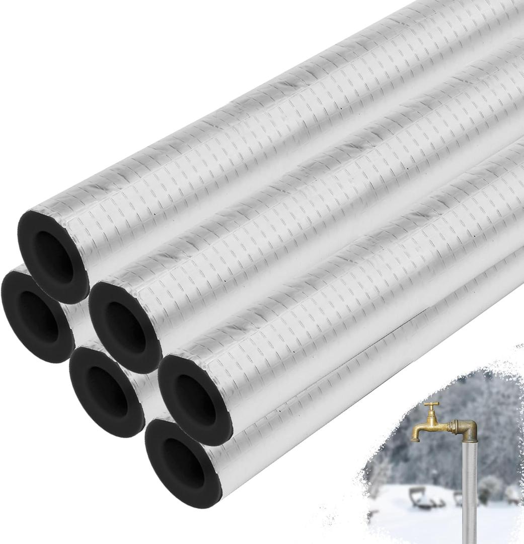 6 Pack Pipe Insulation Foam Tube, 3/4'' Self-Adhesive Pre Slit Foam Pipe Covers Polyethylene with Aluminum Foil for Spigot, Winter Outside Pipes, Water Heater Pipes Freeze Protection