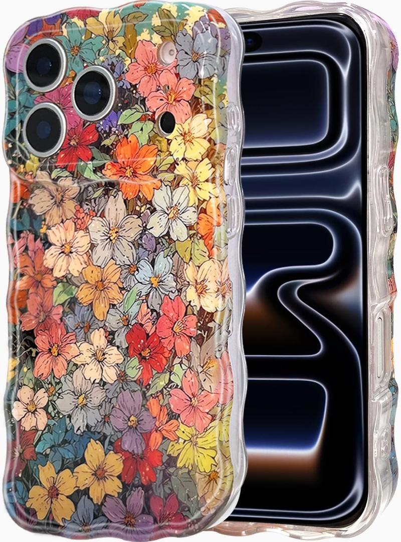 Cute for iPhone 17 Pro Case Retro Floral Phone Case [Curly Wave Edge] [Full Camera Protection] [14 FT Drop Protection] Soft TPU Slim Shockproof Phone Cover for Women Girls