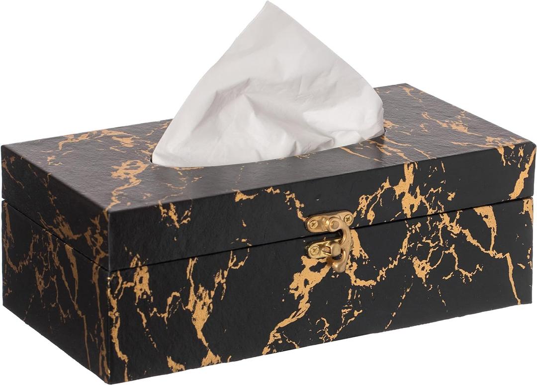 Black and Gold Marble Tissue Box Cover, Modern Tissue Box Holder with Lock for Bathroom, Bedroom, and Living Room, Rectangle Shape Dryer Sheet Holder Organizer (Retangular)