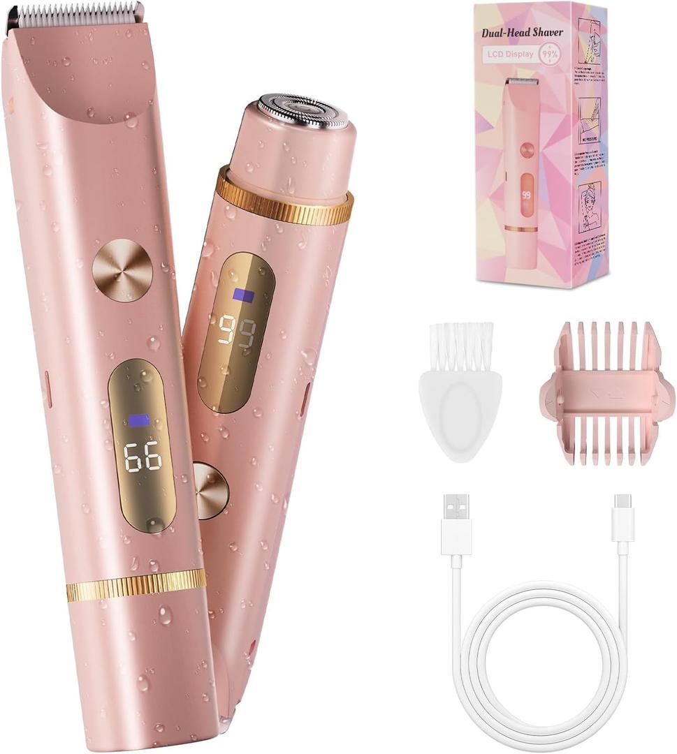 2-in-1 Bikini Trimmer for Women, Bikini Shaver with Dual Heads, Body and Facial Hair Removal, Cordless Rechargeable Electric Razors for Face Chin Pubic Underarm Legs, IPX7 Waterproof, Pink