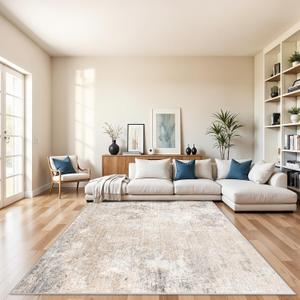 8x8 Square Living Room Area Rug – Washable Modern Neutral Abstract Indoor Rug for Bedroom, Dining Room, Kitchen – Non-Slip Soft Low-Pile Floor Carpet (Beige Grey,8x8)