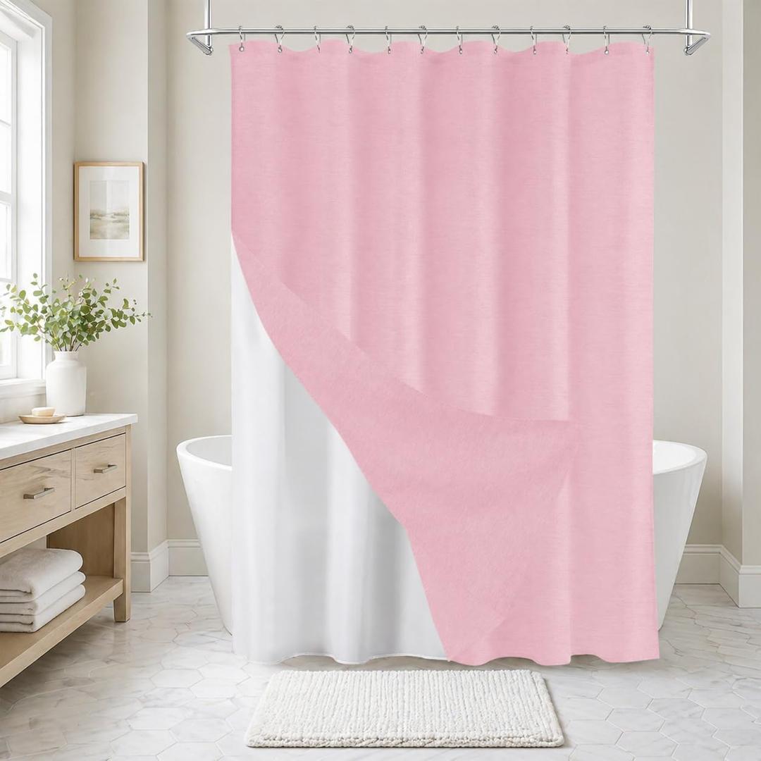 Inhousolu Boho Farmhouse Shower Curtain with Fabric Liner Set, Faux Linen Textured, 8 Metal Hooks Luxury Weighted Hem, Washable Wrinkle Free Bath Curtain for Hotel Bathroom 36" W x 72" L Pink