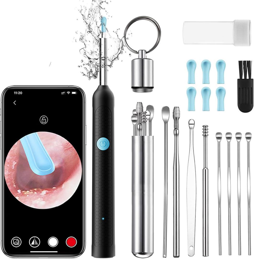Ear Wax Removal Kit - Ear Cleaner with Camera with 1080P, Ear Wax Removal Tool with 6 LED Light, 6 Ear Pick, 10 Ear Cleaning Kits, Ear Camera Wax Rremoval for iOS & Android (Black)